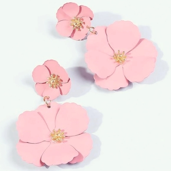 Pink Double Flower Blossom Post Earrings 2.5" Big Floral Blossoms Flowers New - Picture 5 of 8
